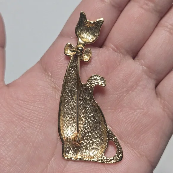 Vintage Gold Tone Cat Brooch Pin Rhinestone Eyes & Bow Kitty Feline Jewelry Gift - Picture 3 of 5